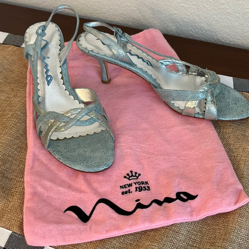 NINA Silver/Blue heeled sandals.